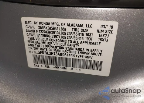2010 Honda Odyssey Ex-L z USA, uszkodzony, nr VIN 5FNRL3H73AB061444